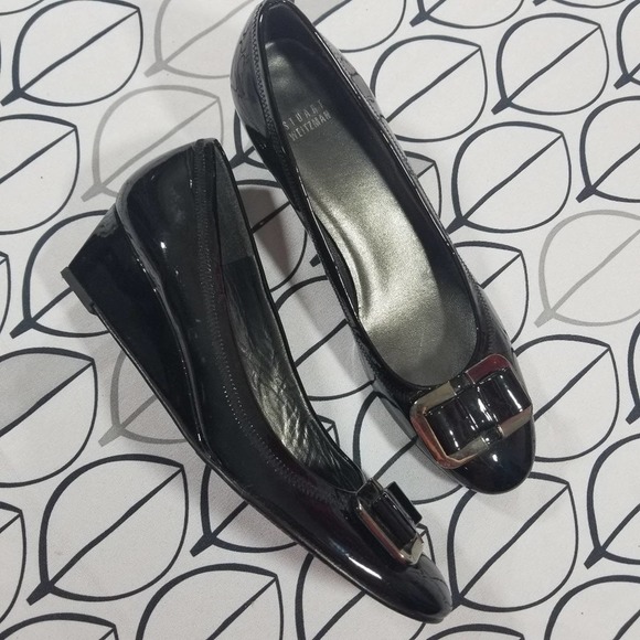 Stuart Weitzman Black Patent leather Bow Wedges 10